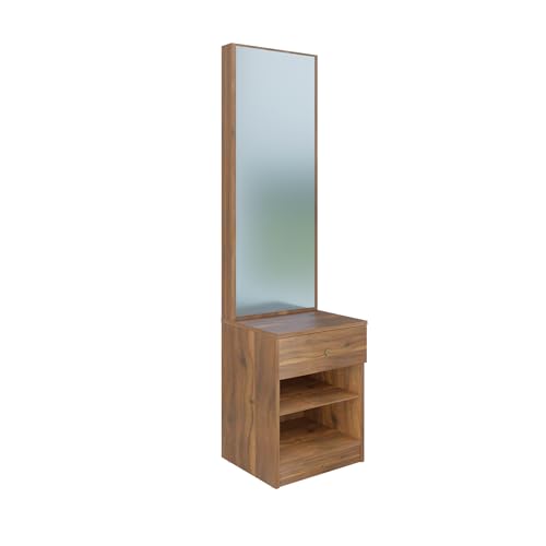 Image of VIKI | Engineered Wood Dressing Table with 1 Drawer, Mirror and Huge Storage Space | Vanity for Living Room, Bedroom (Brussel Walnut - 43.8W x 40D x 182.6H cms)