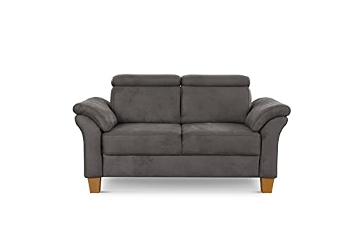 Cavadore 2-Sitzer-Sofa Ammerland / 2er-Couch im Landhausstil mit Federkern + verstellbaren Kopfstützen / 156 x 84 x 93 / Wildlederoptik, Grau
