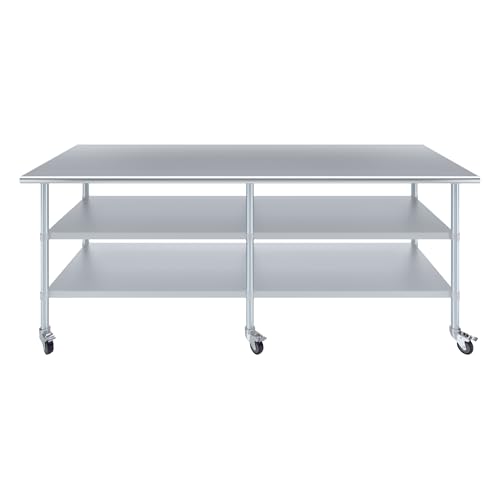 Image of AmGood Stainless Steel Work Table with 2 Shelves and Casters | Metal Utility Table On Wheels (Stainless Steel, 96 inch Long x 30 inch Deep)