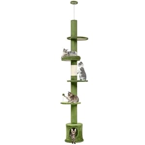 YITAHOME Floor to Ceiling Cat Tree Tower Height Adjustable, Tall Skinny Cat Tower with Scratching Post, Cozy Condo, Platforms and Spring Ball, Cat Poles for Indoor Cats Kitten, Green