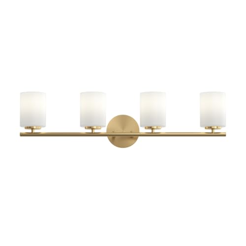 Image of Progress Lighting Replay 31.125 Inch 4-Light Vanity Light, Transitional, Brushed Gold with Etched Glass Shades, (7.875 inch H x 31.125 inch W x 6 inch D), P2160-191