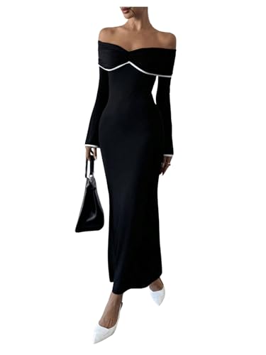 GORGLITTER Women's Off The Shoulder Bell Sleeve Bodycon Maxi Dress Birthday Cocktail Dinner Fishtail Long Dress