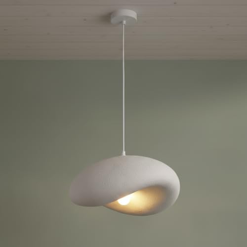 BARCELONA LED Suspension Wabi Sabi Blanche 40 cm, Grande Lampe de Plafond Style Japonais Moderne, Design Imitation Pierre Effet Ciment, Esprit Industriel et Classique, Douille E27