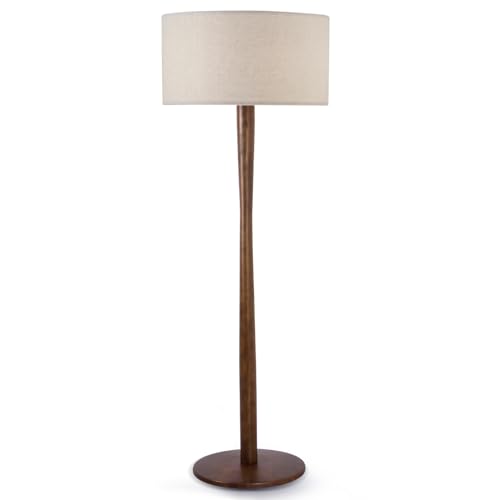 Image of 62 inch Tall Rustic Walnut Wood Floor Lamp with Large Linen Shade, Beige