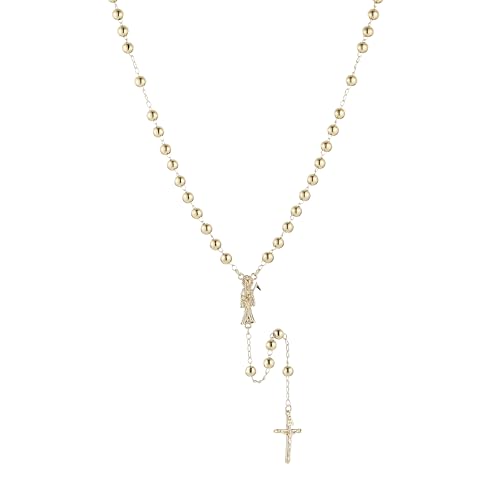 HZMAN Santa Muerte Necklace for Women Gold Brass Rosary Beads Cross Y-Shape Necklace Goth Jewelry
