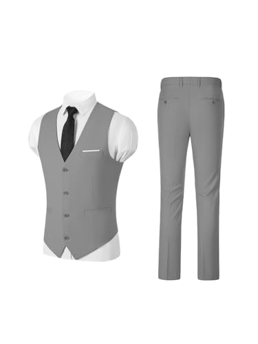 Mens Suits 2 Piece Slim Fit Suit Set V-Neck Solid Vest Pants Wedding Prom Tuxedo Set2