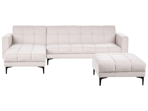 Sofá Tela Acolchada Capitoné Esquinero Derecho Reclinable con Otomana 3 Posiciones Respaldo Clic-Clac Blanco crema Alnes