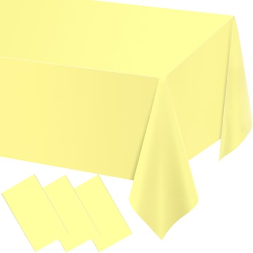 Image of WNINK 3 Pack Light Yellow Tablecloths, Yellow Disposable Plastic Waterproof Table Cover, 54 inch x 108 inch, for Birthday, Baby Shower,Wedding, Bridal Shower, Picnic Camping Parties