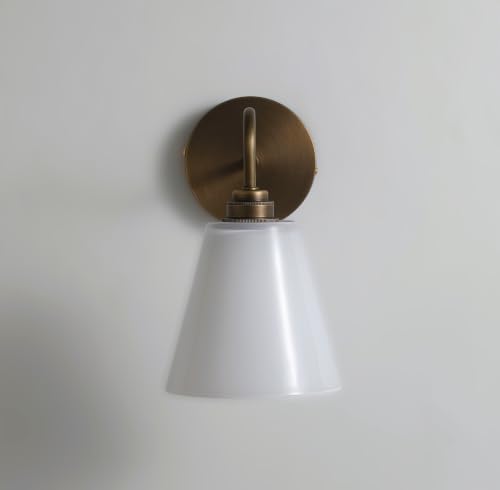 Image of Hardwired Vintage Antique Brass Wall Sconce with Milk Glass Cone Shade, Antique Bronze Finish Sconce for Kitchen Sink, Bathroom, Bedroom (Bulb Included)