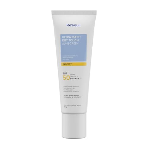 RE' EQUIL Ultra Matte Dry Touch Sunscreen | SPF 50 PA++++ | Water & Sweat Resistant | No White Cast, Non-Greasy & Non-Comedogenic | For All Skin Types | 50G
