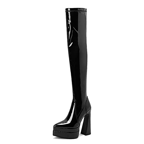 Bottes sur le genou automne hiver en cuir verni extensible avec zip