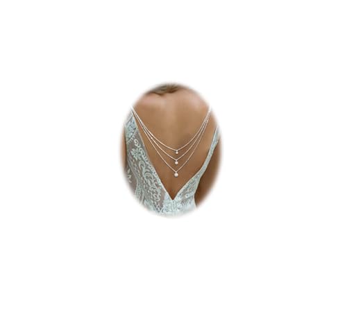 Pearls Back Necklace Backless Dress Shoulder Body Jewelry Bridal Wedding Gold Backdrop Body Chain for Women (Silver)