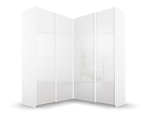 Rauch Möbel Quadra Armoire d'angle à Portes coulissantes Blanc/Blanc Brillant 4 Portes avec 2 tringles à vêtements, 12 étagères, 181 x 229 x 187 cm