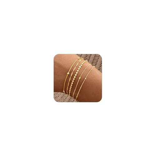Striviio Gold Bracelets for Women, 14K Gold Plated Stackable Bracelet Stack Set Adjustable Charm...