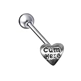 Niaspi 14G Surgical Steel Heart Tongue Ring for Women Letter Cum Here Naughty Words Love Heart Tongue Piercing Studs Straight Bar Barbell Body Piercing Jewelry (Style1)