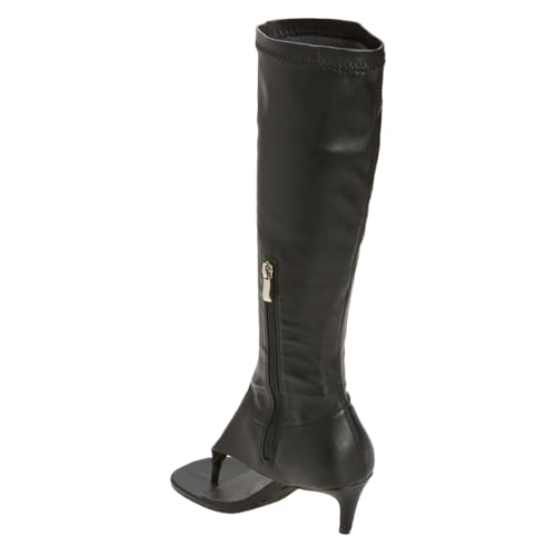 Women Stretchy Open Toe Knee High Boots Mid Thin Heel Side Zippers Flip Flop Booties Shoes Casual Party Dating Size 4-16 US4