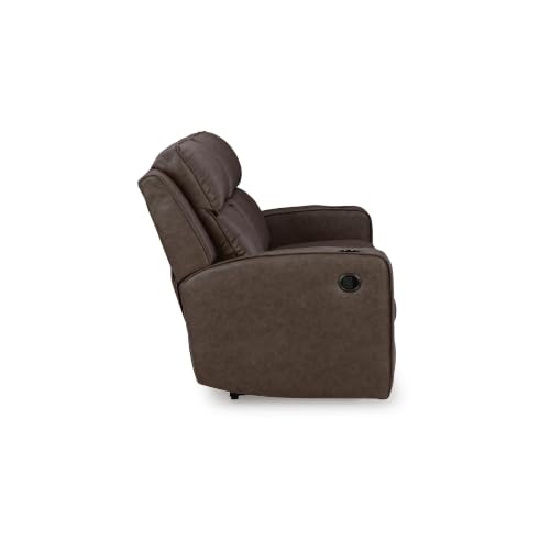 Image of Signature Design by Ashley Lavenhorne Faux Leather Manual Reclining Sofa | Heavyweight padded faux leather couch, Drop down table with 4 cup holders and USB ports, 3-in wall hugger design