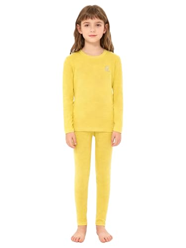 inlzdz Ropa Interior Térmica para Niñas Y Niños Camiseta Manga Larga Y Pantalón 2 Piezas Capa Base Conjunto Cálido De Invierno Amarillo 5-6 años