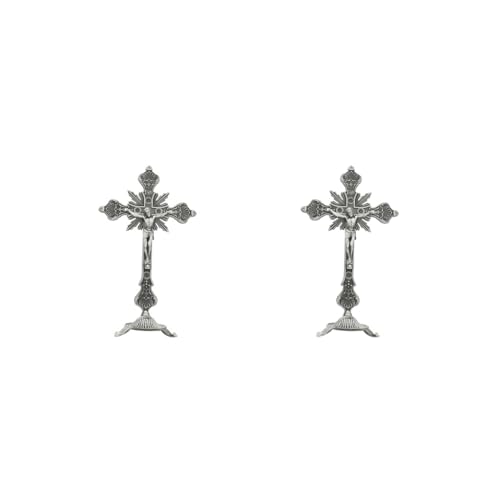 NeaxgeandX 2 set di crocifisso in piedi da 25,4 cm, croce da tavolo in metallo per cappella da tavolo, decorazione per la casa, peltro antico, colore stagno antico, 25,5 cm