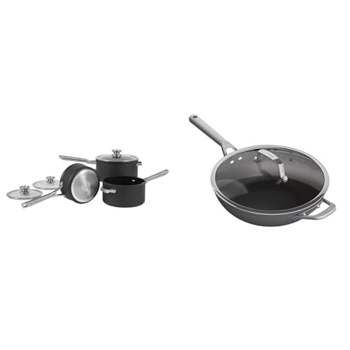 Ninja ZEROSTICK Stackable Cookware 3-Piece Pan Set, Non-Stick, 3 Saucepans, 16cm & ZEROSTICK Premium Cookware 28cm Wok with Glass Lid, Long Lasting, Non-Stick, Hard Anodised Aluminium