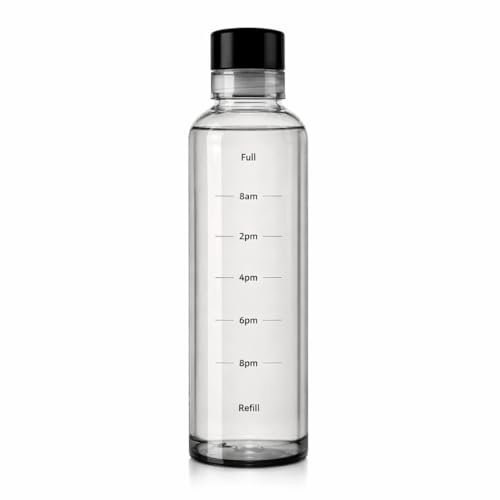 DailyAlley Glass Borosilicate Water Bottle (550ml), H2O Fridge Water Bottles With Cap, Leak Proof & Airtight Lid, Water Bottle For Office, School, College - Bottle With Time Marker (Black)
