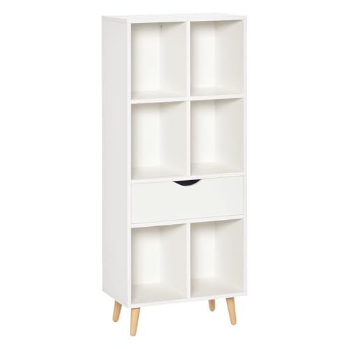 HOMCOM Librería Estantería para Libros con 1 Cajón y Patas de Madera 6 Compartimentos Abiertos de Almacenaje Plantas Archivos para Salón Dormitorio Oficina 50x29,5x120 cm Blanco