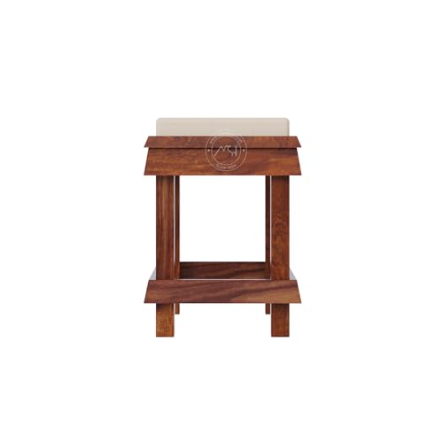 Image of NSH Handcrafted Solid Sheesham Wood Trapezium Stool with Cushion | Premium, Multipurpose Side Table, Footrest for Living Room, Bedroom, and Outdoor Use | Honey Finish, 1 Wooden Stool