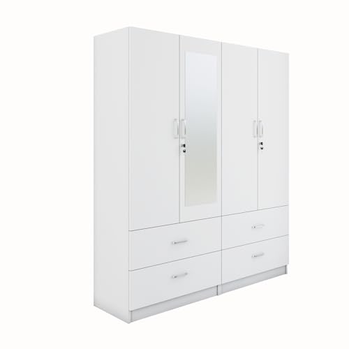 Image of VIKI Wardrobe | Wooden Almirah for 4 Door 4 Drawer with Shelves & Hanging Space Mirror Wardrobe (Frosty White - 40D x 160W x 180.8H) | 1 Year Warranty | Free Assembly