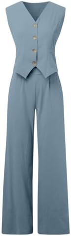 Completo Donna 2 Pezzi Estate - Gilet Senza Maniche E Pantaloni Larghi In Lino Elegante - Foto 2