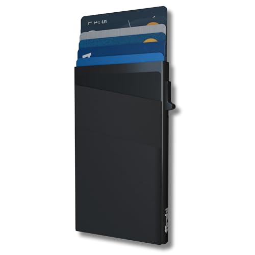Slim, Minimalist RFID Blocking Card Holder Aluminum-Made with Pop Up Design, RFID Card Holder for Men with 2 Front Pockets, ID Card and Money Pocket, Durable, Stylish, and Sturdy Design (Black)