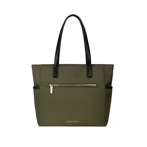 Image of Accessorize London Women's Olive Green Kimberly Nylon Zippered Tote | water-resistant Shoulder Bag | Stylish Casual & Travel Handbag