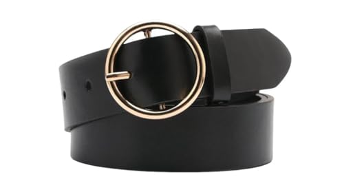 Women's Leather Belt with Round Gold Buckle, Black, Fashion Casual Waist Belt
