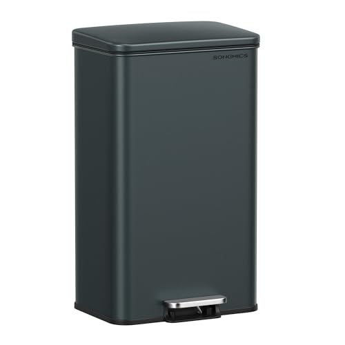 SONGMICS Kitchen Trash Can, 10.5 Gallon (40 L) Garbage Can, Large Step Trash Bin with Lid, Stainless Steel, Soft Close, 15 Trash Bags Included, Charcoal Gray ULTB540G01