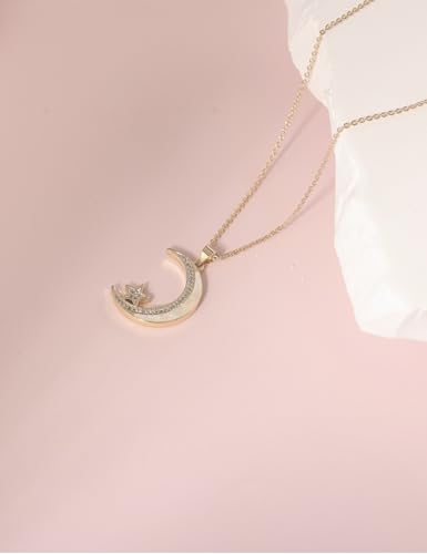 14K Golden Moon Star Necklace, Opal and Zircon Pendant Necklace - Elegant and Fashionable Girl and Woman Jewelry - Fashion Gift, Moon Star Zircon Necklace with Unique Gold Chain