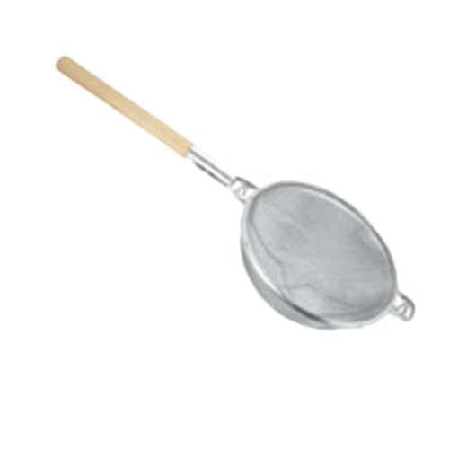FSE SLSTN3314R Strainer, 13-3/4" Dia., Reinforced, Double fine mesh, pan Hooks, Flat Wooden Handle, Nickel Plated Frame