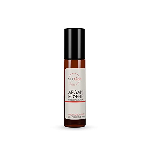 Silktáge Argan Rosehip Rollerball - 100% Organic Argan Oil & Rosehip Oil For Eyes, Wrinkles, Lips, Dry Skin, Age Spots - Anti-Aging Face Oil Serum For Glowing Skin.33 Fl Oz #TOP6
