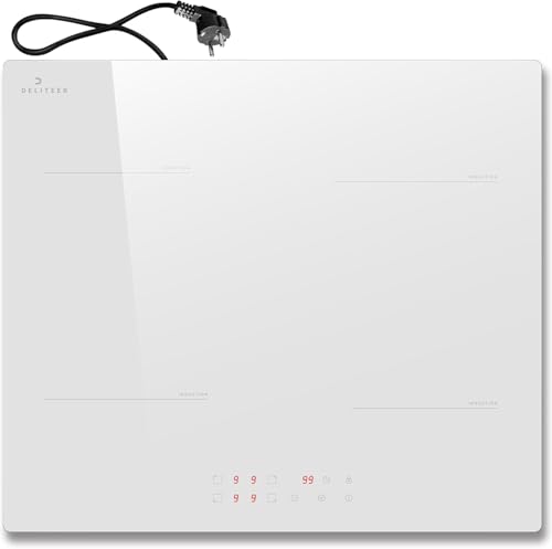 Placa de inducción 4 fuegos blanco DELITEER, Empotrable, 60 cm, Vitrocerámica blanca, Control...