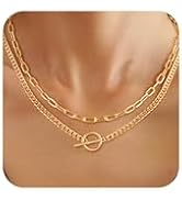 Gold Layered Necklaces for Women, 14K Gold Silver Chunky Chain Necklace Trendy Cuban Link Papercl...