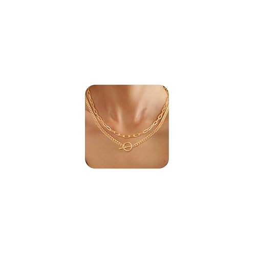 Gold Layered Necklaces for Women, 14K Gold Silver Chunky Chain Necklace Trendy Cuban Link Paperclip Chain Toggle Clasp Dainty Necklace Stacks Non Tarnish Jewelry for Women