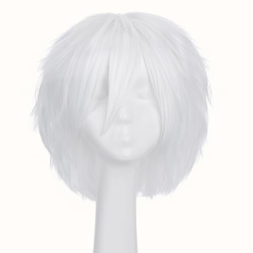 Image of S-noilite Unisex Short White Cosplay Wigs Fluffy Shaggy Wig Short Straight Pixie Wigs for Women Mens for Anime Party Comic Costume Party Heat Resistant Synthetic Hair Wig White