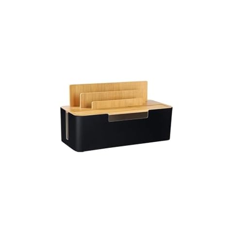 BUYSK Cable Management Box with Wooden Lid, Multi-Device Organizer for Phones/Tablets/Smartwatches, Desktop Cord Organizer for Tidy Workspace (Black) Cover