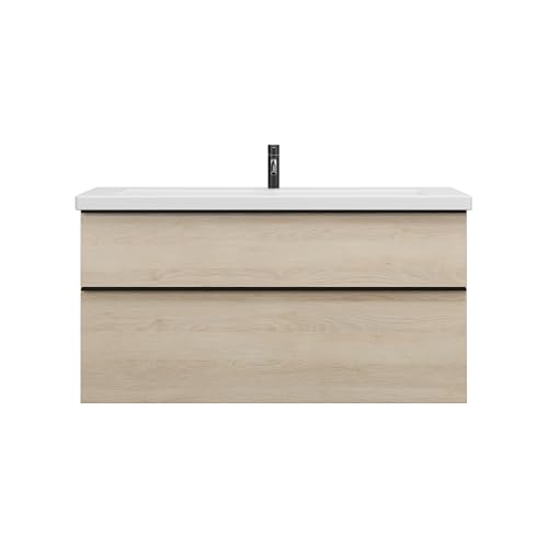 burgbad Eqio Keramik-Waschtisch inklusive Waschtischunterschrank, Breite 1230mm, SEYQ123F3180C0001G0252, Farbe: Eiche Dekor Cashmere/Eiche Dekor Cashmere, Griffleiste Schwarz Matt G0252