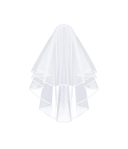 2 Niveles Velo de Novia, Blanco Seda Corbata de Moño Tul Velos de Novia, 70cm Velo Corto con Clip, Accesorios de Boda para Despedidas de Soltero, Fiesta de Compromiso, Accesorio Cosplay Nupcial