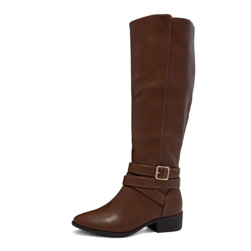 Zszszsu Women's Classic Low Flat Heel Knee High Boot Fashion Round Toe Buckle Strap Riding Boots Side Zipper Warm Winter Dress Shoes Size 4-16 US