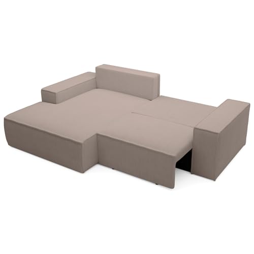 Selsey Ecksofa Beige Sofa Mit Schlaffunktion Linksseitig Inkl. Bettkasten 240 x 167 cm Und Abnehmbare Rückenkissen Kleines Couch Sofa Modular Ottomane Kompakt Für Kleine Wohnräume Cord Bezug – Bild 6