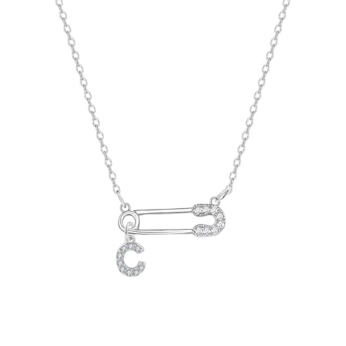 Angelra Danity Safety Pin With Initial Charm Necklace Silver Plated Choker for Women Girls, Paper Clip Pendant Necklaces Adjustbale Chain Fashion Jewellery Gifts (C)