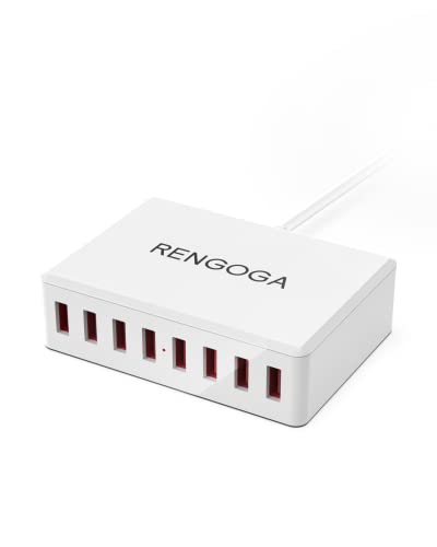 RENGOGA Cargador Multiple para Movil, 50W, 8 Puertos USB-A, Carga Rapida, Smart Chip, Charger Station para iPhone 14 13 12 11, iPad, Samsung Galaxy, Huawei, Pixel, Xiaomi