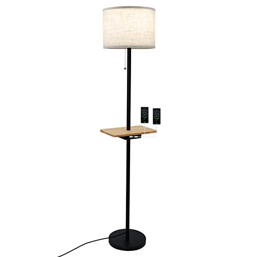 Image of CHH Modern Floor Lamp with Dual USB Ports & Rectangle Tray Table LED Floor lamp for Bedroom, Living Room or Office and Farmhouse Country Lighting - Linen Shade