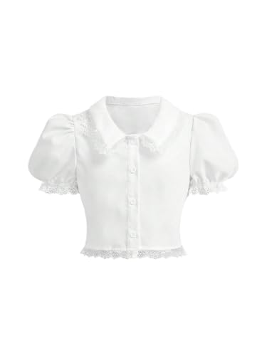 SweatyRocks Girl's Contrast Lace Puff Sleeve Collar Crop Shirt Button Down Blouse Top