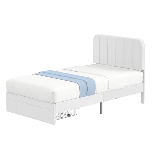 Image of VECELO Twin Size Upholstered Bed Frame with Drawer and Headboard, Velvet Platform Storage Bedframe, Wooden Slats Support, No Box Spring Needed, White